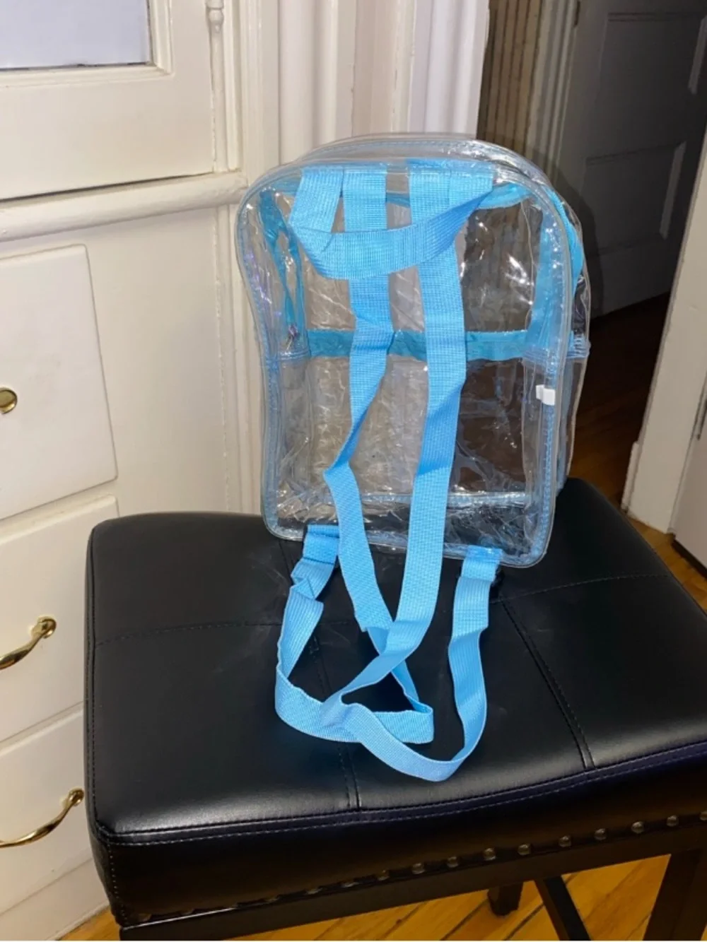 Clear PVC Backpack with Light Blue Trim,women's adjustable bag